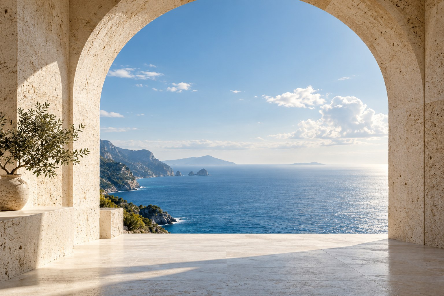 A quiet ocean horizon framed by a sunlit limestone arch